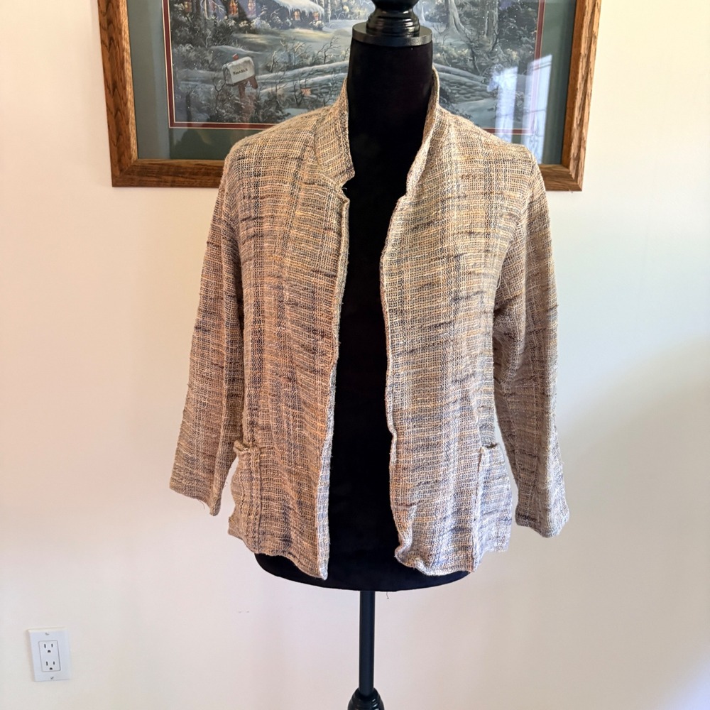 Campus Casuals Vintage Knit Cardigan Womens M Beige Blue Textured Open Jacket